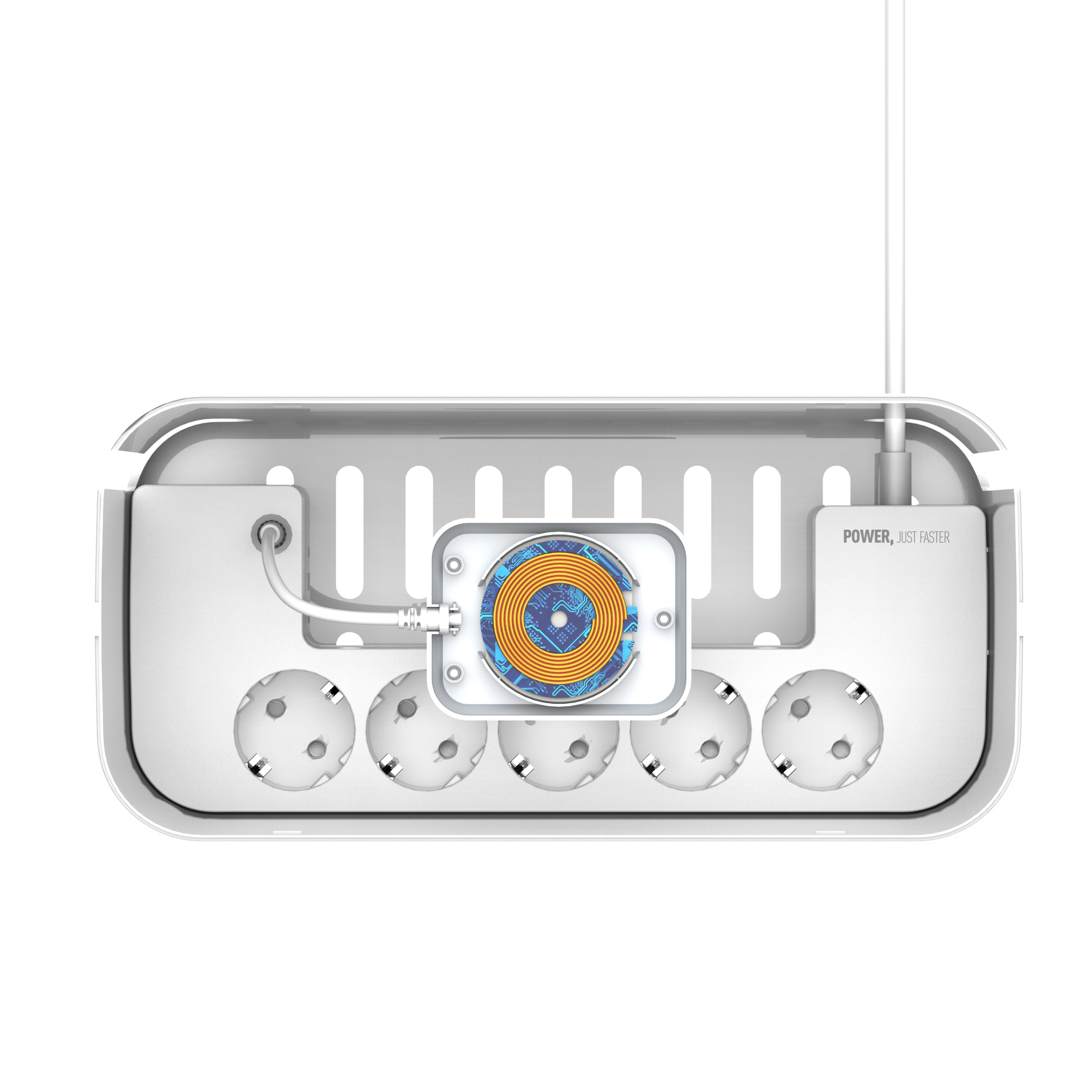 Kabelboks med 5 strømuttak,  PD utgang, QC (USB-C), USB og 15W ladeplate på toppen.