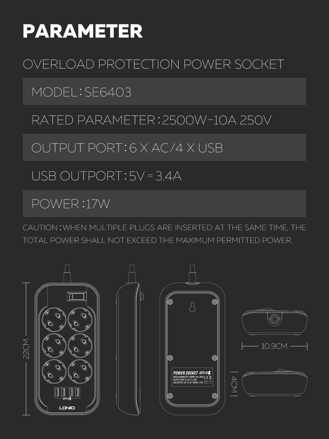 SE6403 Kabelfelle med 6 strømkontakter og 4 USB utganger