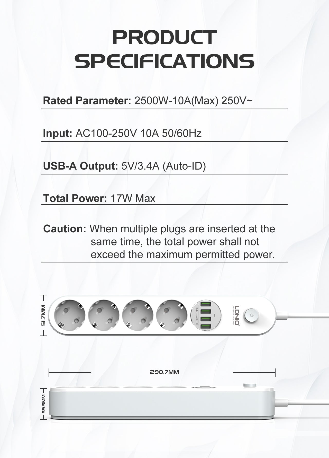 SE4432 Kabelfelle med 4 utganger (maks 2500W) og 4 USB utganger