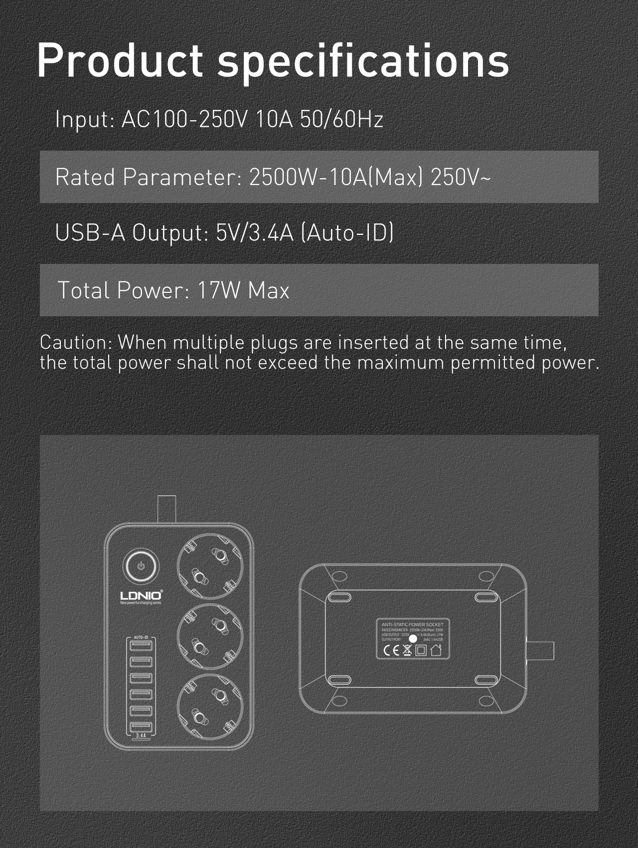 Kabelfelle/kabeforgrener - 2500W med 3 strømuttak og 6 USB utganger