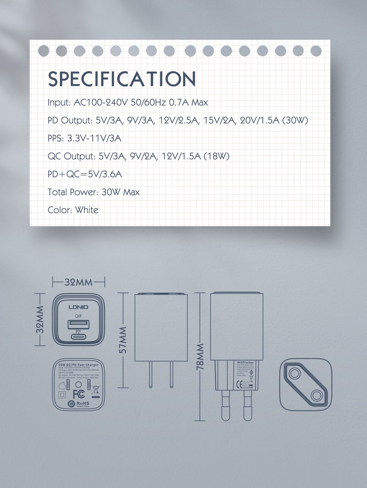 A2317C 30W Hurtiglader med 2 utganger -  PD/QC3.0