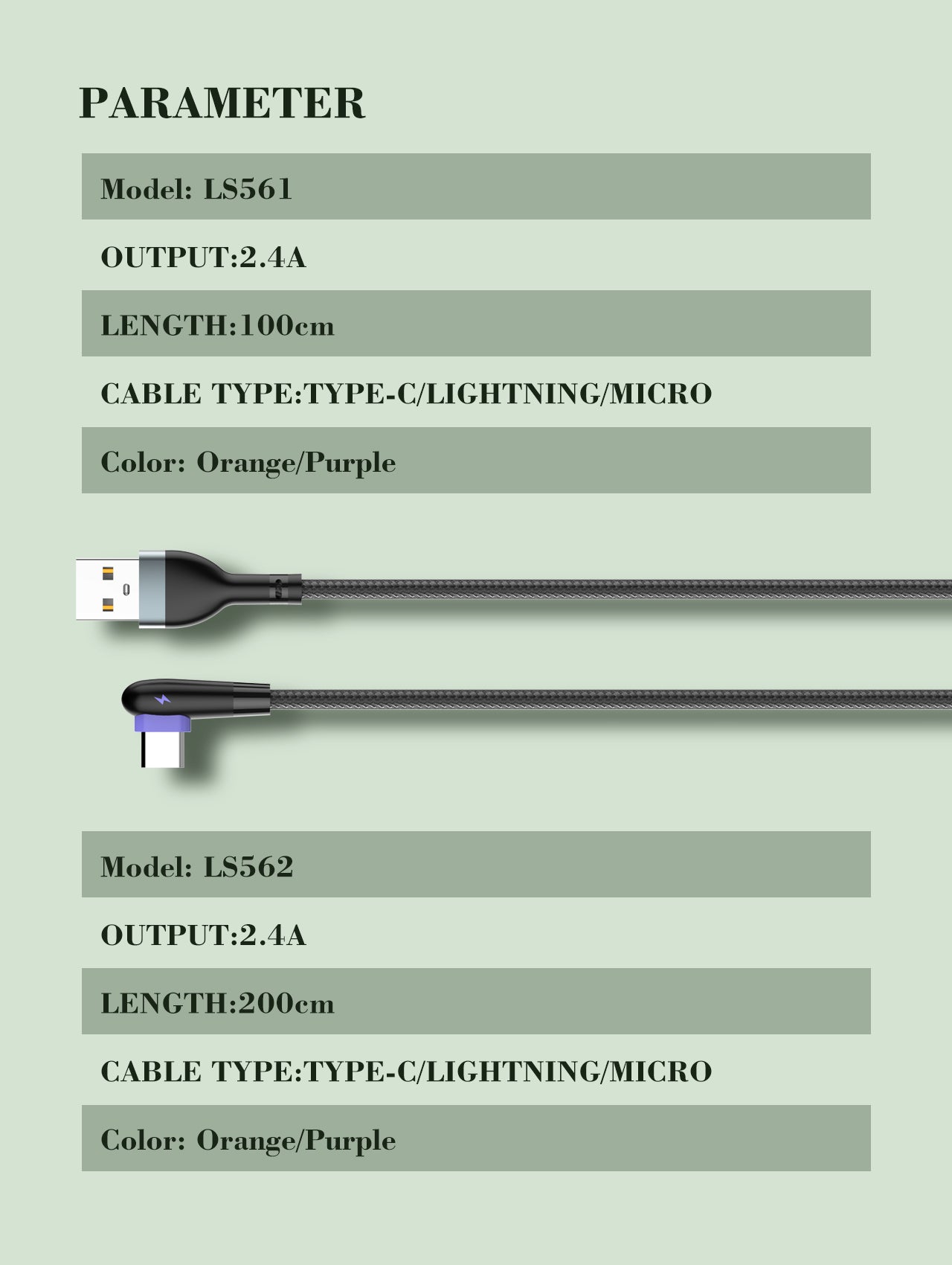 LS561 ladekabel med 90 graders bend på kontaktpluggen.  Type C til C