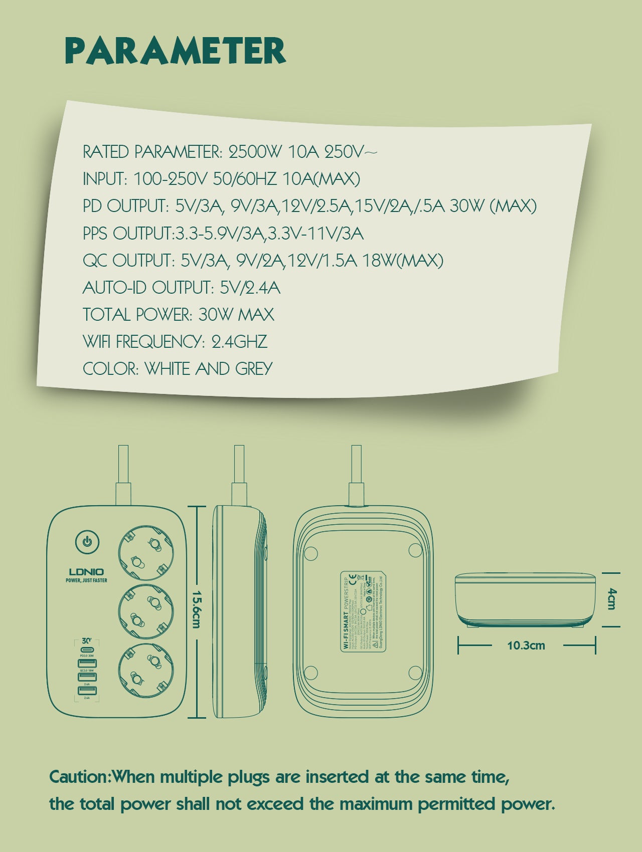 SEW3452 WiFi styrt kabelfelle (2500W) med 3 strømutganger + 1 USB-C 3 USB-A