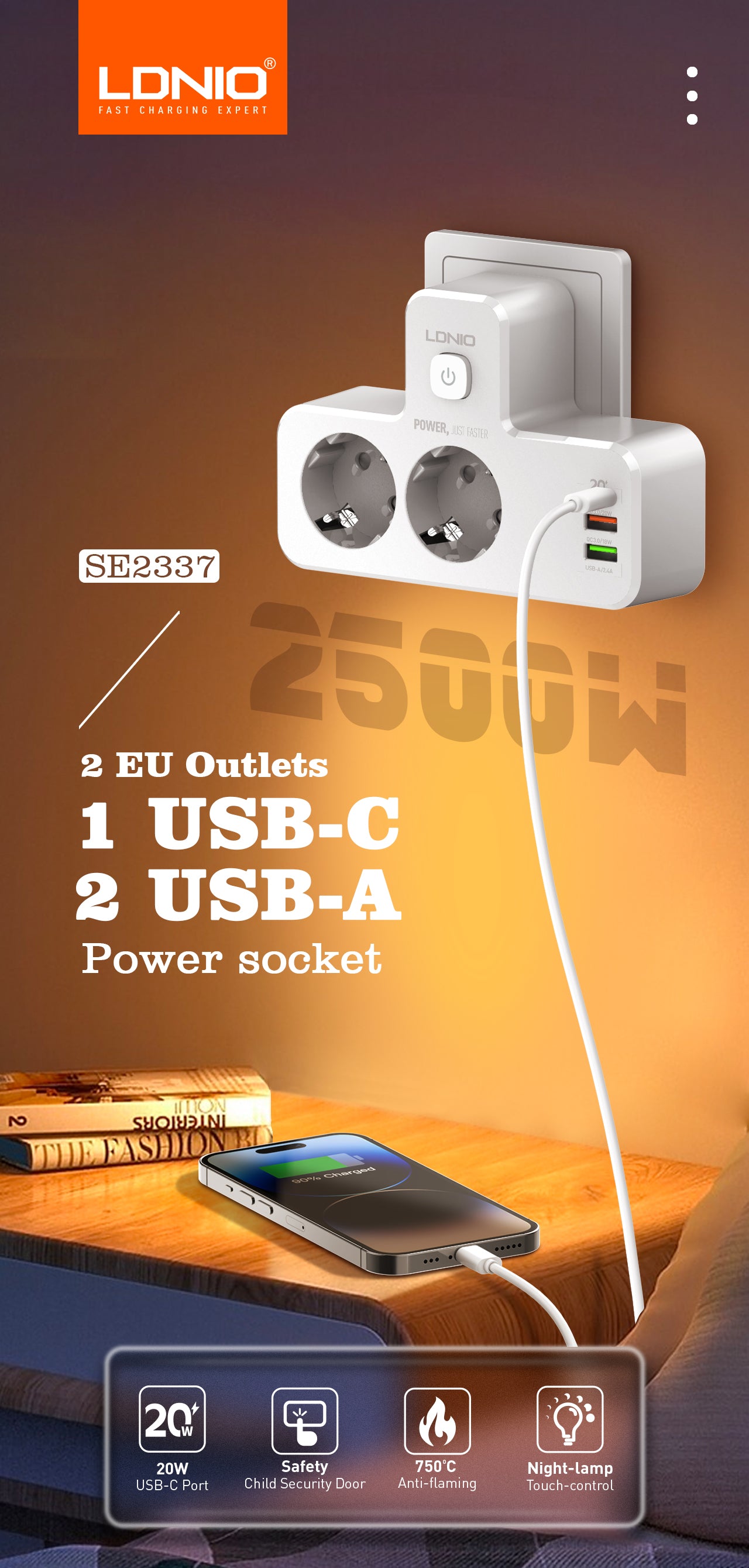 SE2337 Dobbel stikkontakt med 3 USB/USB-C og  justerbart nattlys