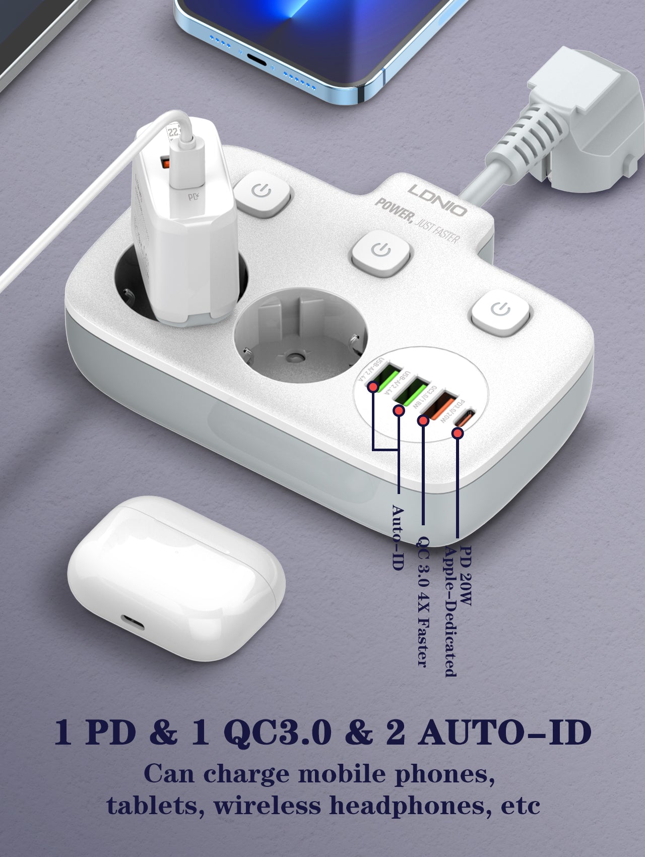 SE2435 Smart kabelforgrener for vegg med 2 strømutganger og USB/USB-C hurtiglader