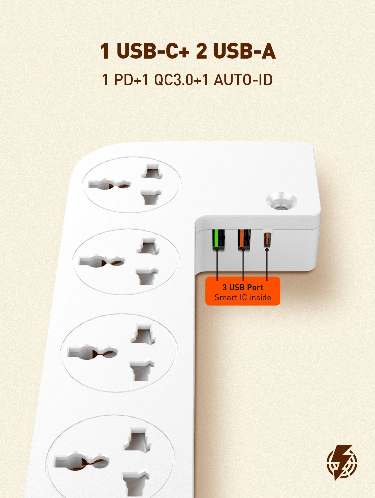 Kabelboks (lav og bredere) med 5 strømuttak, PD, QC, USB utganger og 15W ladeplate på toppen.