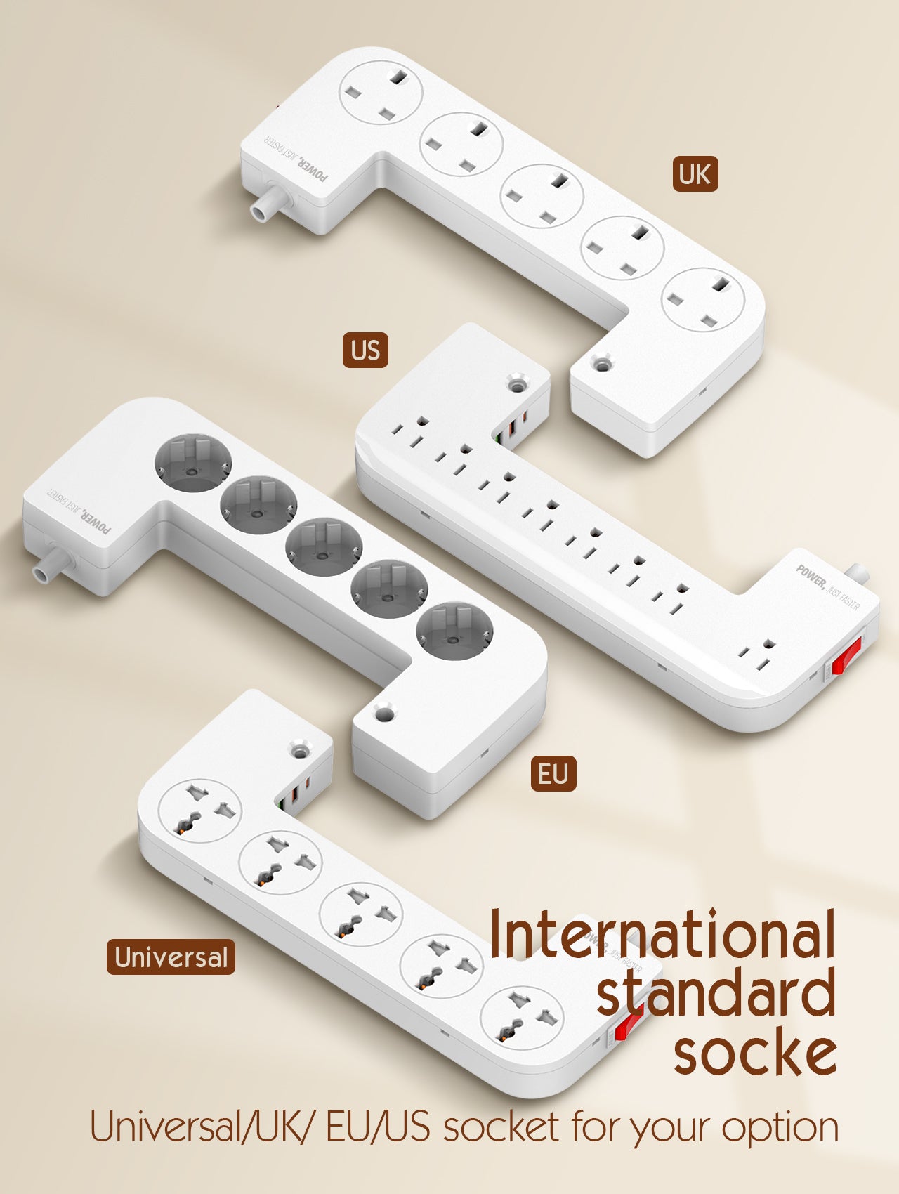 Kabelboks med 5 strømuttak,  PD utgang, QC (USB-C), USB og 15W ladeplate på toppen.