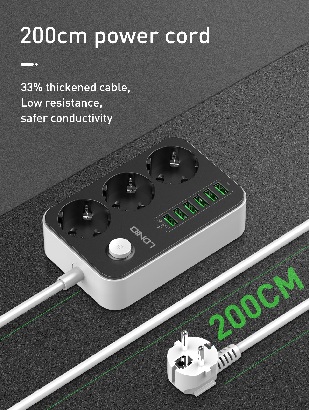 Kabelfelle/kabeforgrener - 2500W med 3 strømuttak og 6 USB utganger